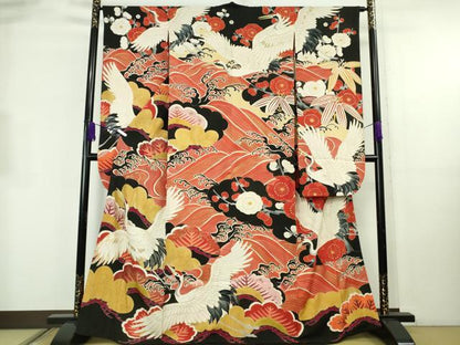 平和屋本店●極上　アンティーク　大正ロマン　振袖　刺繍　立波飛鶴吉祥花文　黒地　金彩　逸品　DZAB8829kh6