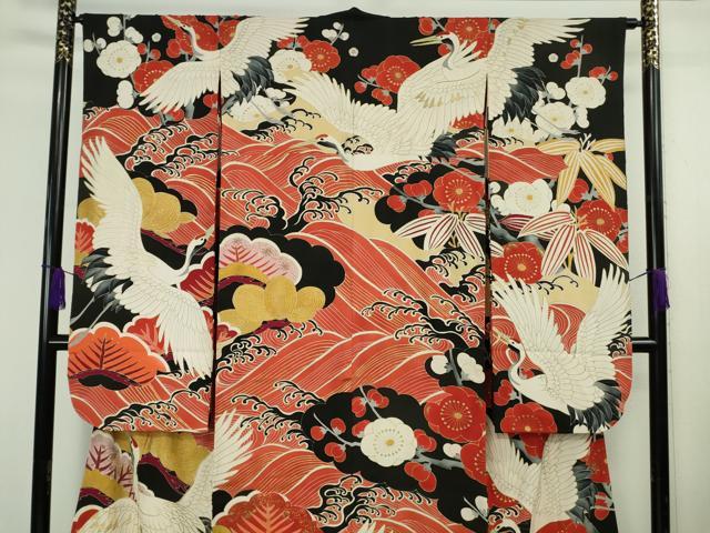 平和屋本店●極上　アンティーク　大正ロマン　振袖　刺繍　立波飛鶴吉祥花文　黒地　金彩　逸品　DZAB8829kh6