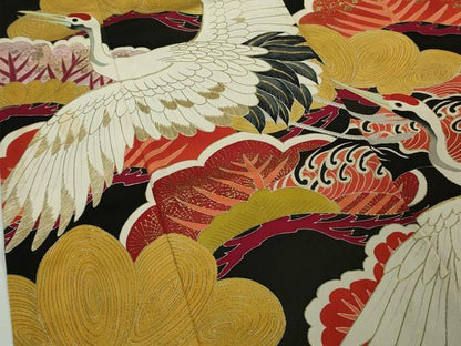 平和屋本店●極上　アンティーク　大正ロマン　振袖　刺繍　立波飛鶴吉祥花文　黒地　金彩　逸品　DZAB8829kh6