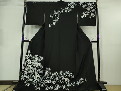 平和屋本店●極上　訪問着　刺繍　枝花文　黒地　金糸　ロング丈　逸品　未使用　DZAB8831kh6