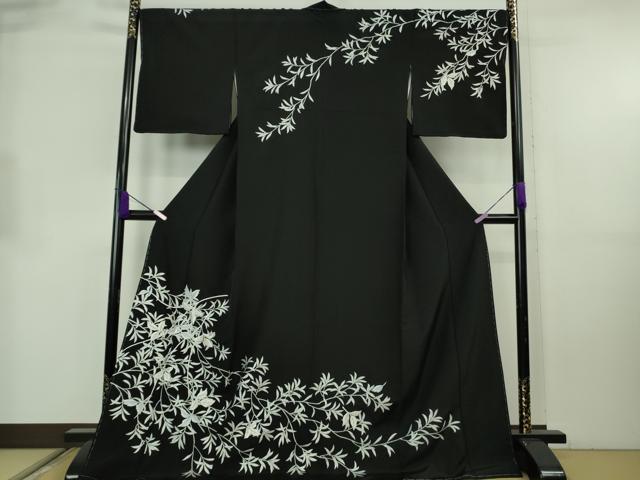平和屋本店●極上　訪問着　刺繍　枝花文　黒地　金糸　ロング丈　逸品　未使用　DZAB8831kh6