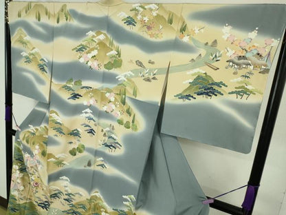 平和屋本店●極上　十七代京屋林蔵　訪問着　刺繍　風景花文　御召御納戸色地　金糸　ロング丈　逸品　未使用　DZAB8835kh6