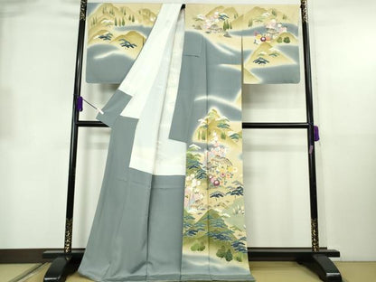 平和屋本店●極上　十七代京屋林蔵　訪問着　刺繍　風景花文　御召御納戸色地　金糸　ロング丈　逸品　未使用　DZAB8835kh6