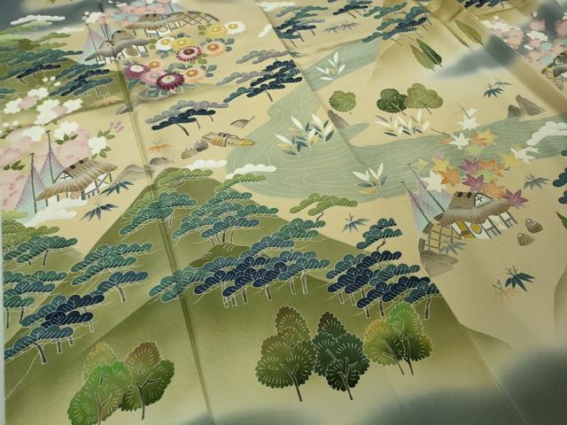 平和屋本店●極上　十七代京屋林蔵　訪問着　刺繍　風景花文　御召御納戸色地　金糸　ロング丈　逸品　未使用　DZAB8835kh6