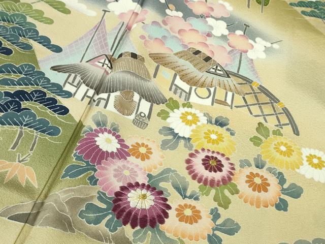 平和屋本店●極上　十七代京屋林蔵　訪問着　刺繍　風景花文　御召御納戸色地　金糸　ロング丈　逸品　未使用　DZAB8835kh6