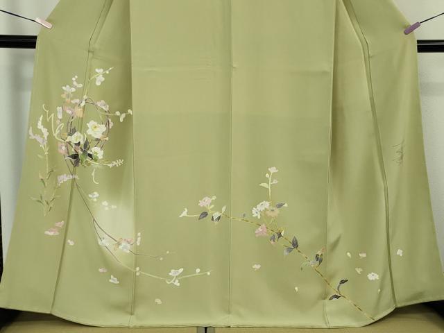 平和屋本店●極上　京加賀友禅　百貫石峰　訪問着　枝花文　若葉色地　暈し染め　逸品　未使用　DZAB8837kh6