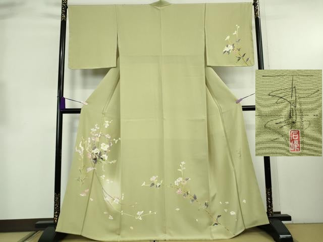 平和屋本店●極上　京加賀友禅　百貫石峰　訪問着　枝花文　若葉色地　暈し染め　逸品　未使用　DZAB8837kh6
