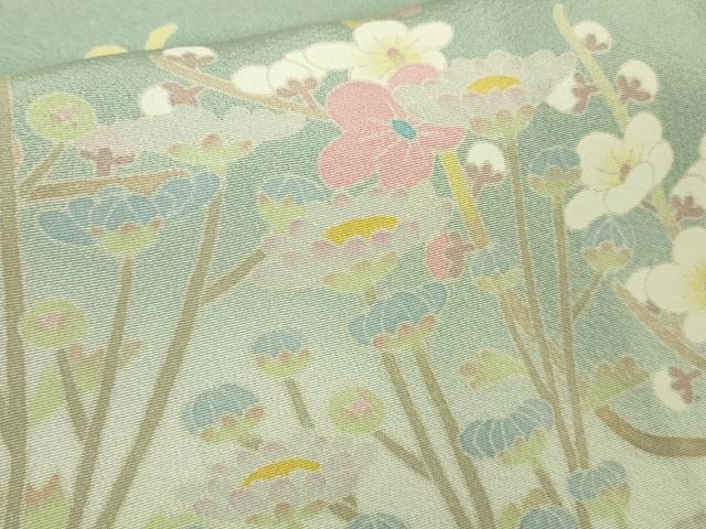 平和屋本店●極上　本加賀友禅作家　百貫華峰　色留袖　枝花文　錆青磁色地　ロング丈　逸品　DZAB8838kh6