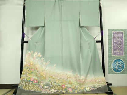 平和屋本店●極上　本加賀友禅作家　百貫華峰　色留袖　枝花文　錆青磁色地　ロング丈　逸品　DZAB8838kh6