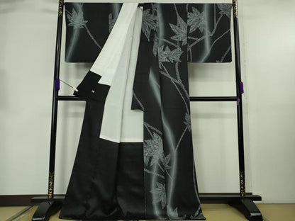 平和屋着物●極上　小紋　楓　暈し染め　黒地　さが美扱い　逸品　未使用　DZAB8847kh6