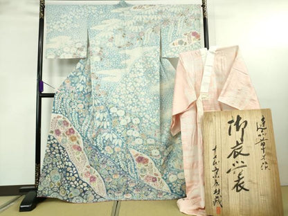 平和屋本店●極上　十七代京屋林蔵　本場結城紬　訪問着・長襦袢(無双仕立て)セット　辻が花　暈し染め　共箱付き　逸品　DZAB8850kh6