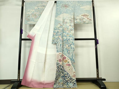 平和屋本店●極上　十七代京屋林蔵　本場結城紬　訪問着・長襦袢(無双仕立て)セット　辻が花　暈し染め　共箱付き　逸品　DZAB8850kh6
