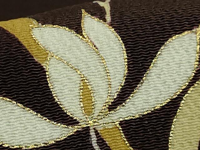 平和屋本店●極上　銀座　志ま亀　九寸名古屋帯　草花文　黒檀色地　金彩　鬼しぼ縮緬　たとう紙付き　逸品　DZAB8857kh6