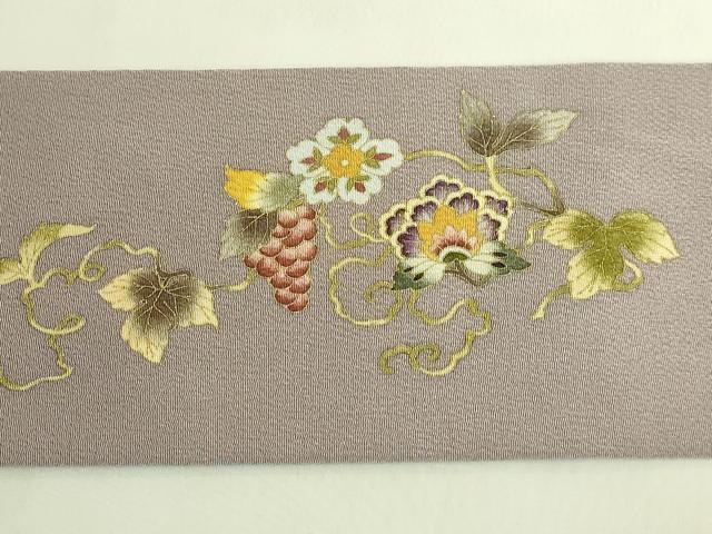 平和屋本店●極上　岡重謹製　OKAJIMA　九寸名古屋帯　葡萄蔦の葉文　薄い鳩羽鼠色地　金彩　鬼しぼ縮緬　逸品　DZAB8858kh6