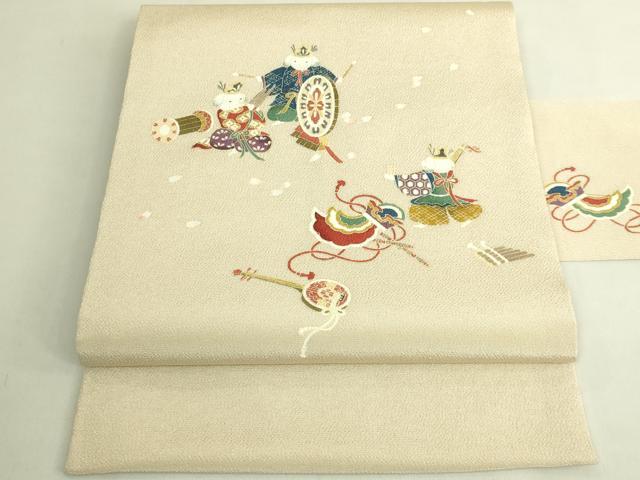 平和屋着物●極上　九寸名古屋帯　楽器　犬　雅楽　薄い砥粉色地　鬼しぼ縮緬　逸品　DZAB8860kh6