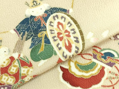 平和屋着物●極上　九寸名古屋帯　楽器　犬　雅楽　薄い砥粉色地　鬼しぼ縮緬　逸品　DZAB8860kh6
