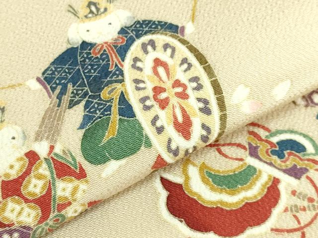 平和屋着物●極上　九寸名古屋帯　楽器　犬　雅楽　薄い砥粉色地　鬼しぼ縮緬　逸品　DZAB8860kh6