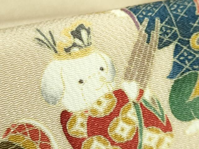 平和屋着物●極上　九寸名古屋帯　楽器　犬　雅楽　薄い砥粉色地　鬼しぼ縮緬　逸品　DZAB8860kh6