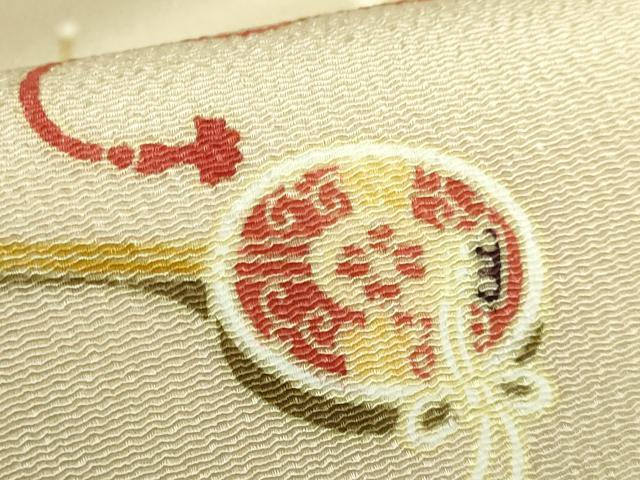 平和屋着物●極上　九寸名古屋帯　楽器　犬　雅楽　薄い砥粉色地　鬼しぼ縮緬　逸品　DZAB8860kh6
