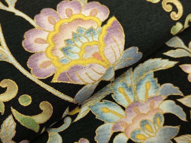 平和屋本店●極上　岡重謹製　OKAJIMA　太鼓柄袋帯　紬地　更紗花文　黒地　金彩　逸品　未使用　DZAB8865kh6