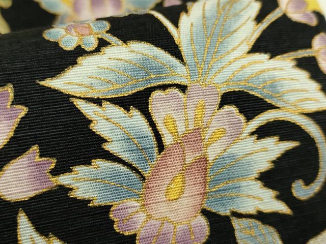平和屋本店●極上　岡重謹製　OKAJIMA　太鼓柄袋帯　紬地　更紗花文　黒地　金彩　逸品　未使用　DZAB8865kh6