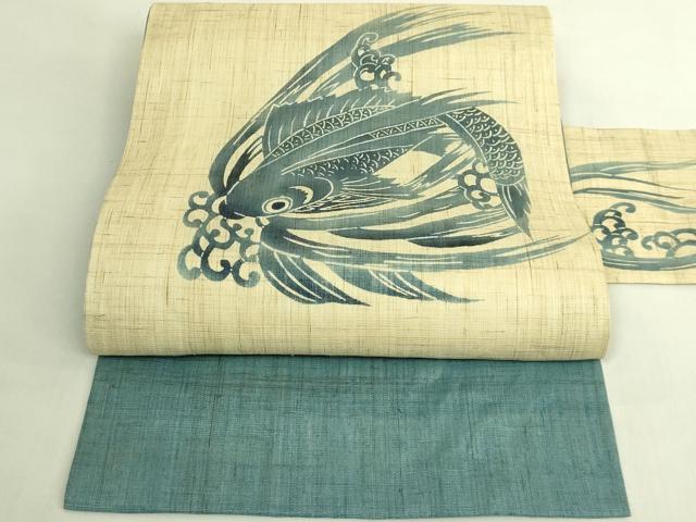 平和屋着物＊極上　夏物　九寸名古屋帯　藍　トビウオ　麻　逸品　DZAB8869kh6