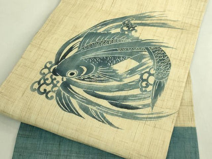 平和屋着物＊極上　夏物　九寸名古屋帯　藍　トビウオ　麻　逸品　DZAB8869kh6