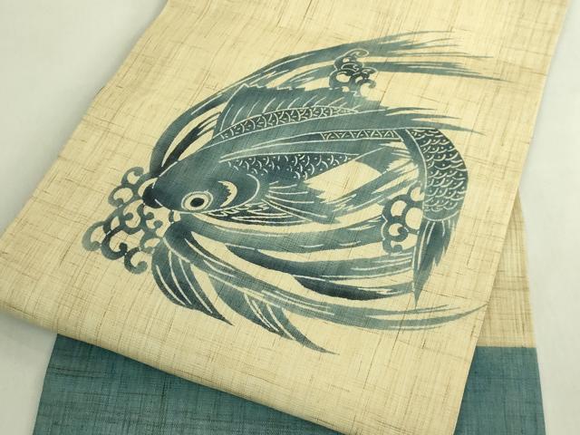 平和屋着物＊極上　夏物　九寸名古屋帯　藍　トビウオ　麻　逸品　DZAB8869kh6