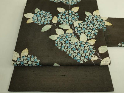 平和屋本店＊極上　夏物　九寸名古屋帯　紗紬　紫陽花　憲法黒茶色地　逸品　DZAB8870kh6