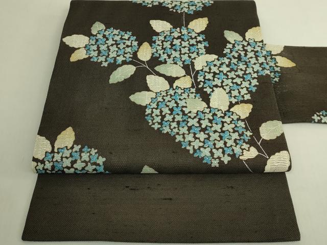 平和屋本店＊極上　夏物　九寸名古屋帯　紗紬　紫陽花　憲法黒茶色地　逸品　DZAB8870kh6