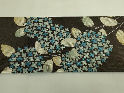 平和屋本店＊極上　夏物　九寸名古屋帯　紗紬　紫陽花　憲法黒茶色地　逸品　DZAB8870kh6