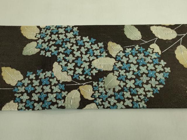 平和屋本店＊極上　夏物　九寸名古屋帯　紗紬　紫陽花　憲法黒茶色地　逸品　DZAB8870kh6