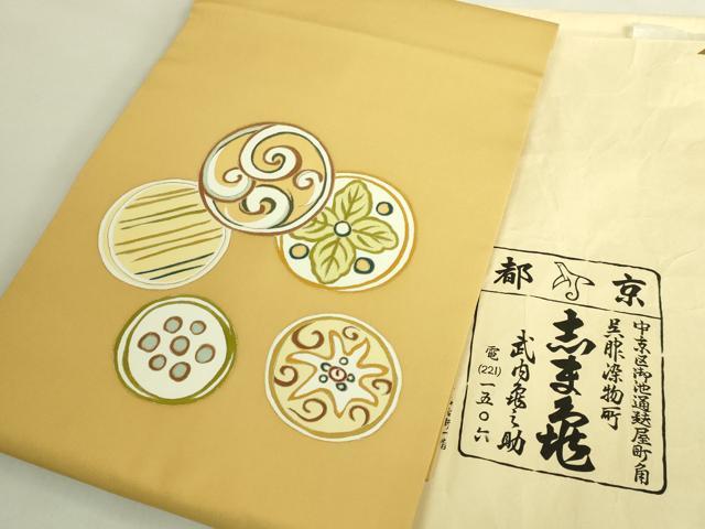 平和屋本店●極上　銀座　志ま亀　塩瀬　九寸名古屋帯　丸文　金彩　玉蜀黍色地　たとう紙付き　逸品　DZAB8872kh6