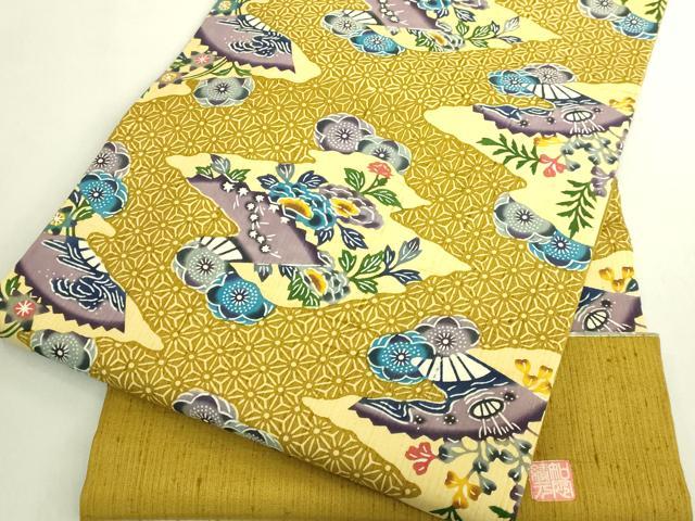 平和屋本店●極上　本場琉球紅型　琉球びんがた　知念積元　九寸開き名古屋帯　扇面花文　逸品　DZAB8875kh6