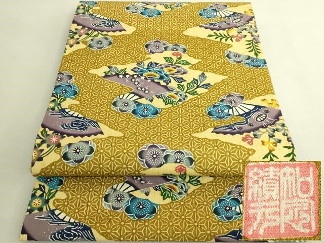 平和屋本店●極上　本場琉球紅型　琉球びんがた　知念積元　九寸開き名古屋帯　扇面花文　逸品　DZAB8875kh6