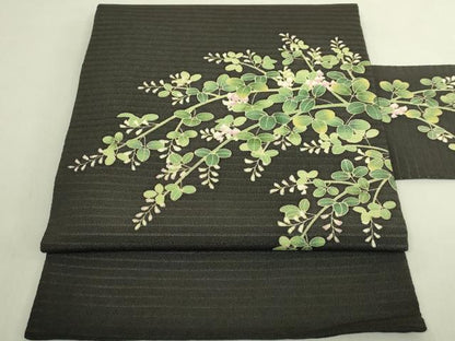 平和屋着物＊極上　夏物　九寸名古屋帯　萩花文　絽縮緬　羊羹色地　逸品　DZAB8887kh6