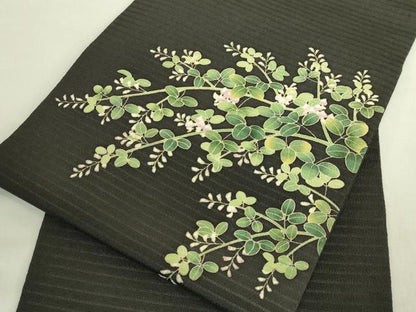 平和屋着物＊極上　夏物　九寸名古屋帯　萩花文　絽縮緬　羊羹色地　逸品　DZAB8887kh6