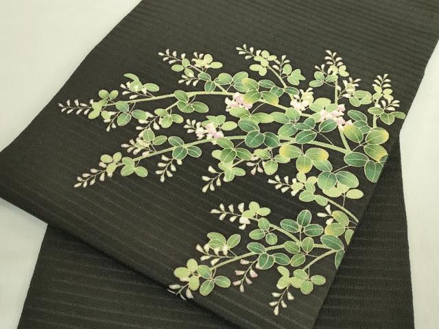 平和屋着物＊極上　夏物　九寸名古屋帯　萩花文　絽縮緬　羊羹色地　逸品　DZAB8887kh6