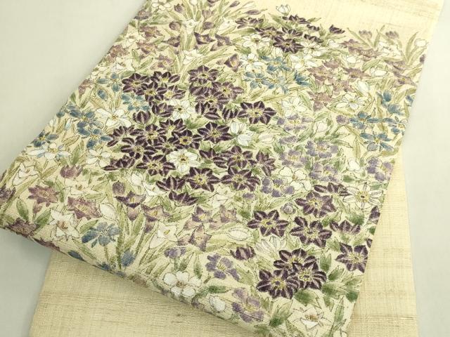 平和屋本店＊極上　夏物　九寸名古屋帯　手描き　草花文　絹麻　逸品　DZAB8889kh6