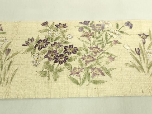 平和屋本店＊極上　夏物　九寸名古屋帯　手描き　草花文　絹麻　逸品　DZAB8889kh6