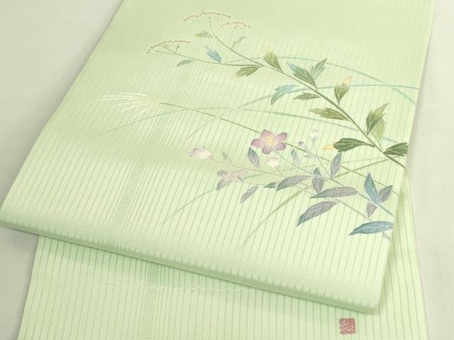 平和屋着物＊極上　夏物　九寸名古屋帯　友禅　作家物　枝花文　裏葉柳色地　逸品　DZAB8890kh6