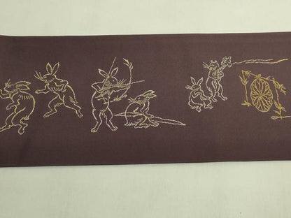 平和屋本店●極上　龍村美術織物　たつむら　九寸名古屋帯　烏羽絵戯画譜　黒鳶色地　金銀糸　高島屋扱い　逸品　DZAB8932kh6
