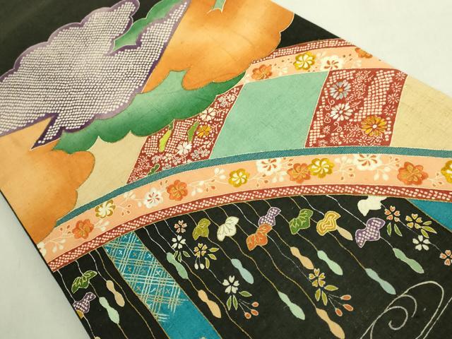 平和屋本店●極上　創業130年　江戸染繍友禅　大彦　太鼓柄袋帯　紬地　刺繍　雲取り花文　黒地　金銀糸　逸品　DZAB8942kh6
