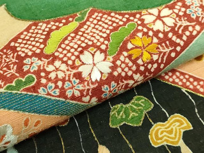 平和屋本店●極上　創業130年　江戸染繍友禅　大彦　太鼓柄袋帯　紬地　刺繍　雲取り花文　黒地　金銀糸　逸品　DZAB8942kh6