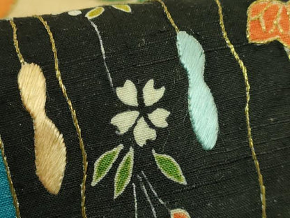 平和屋本店●極上　創業130年　江戸染繍友禅　大彦　太鼓柄袋帯　紬地　刺繍　雲取り花文　黒地　金銀糸　逸品　DZAB8942kh6