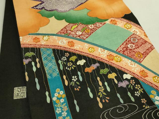 平和屋本店●極上　創業130年　江戸染繍友禅　大彦　太鼓柄袋帯　紬地　刺繍　雲取り花文　黒地　金銀糸　逸品　DZAB8942kh6