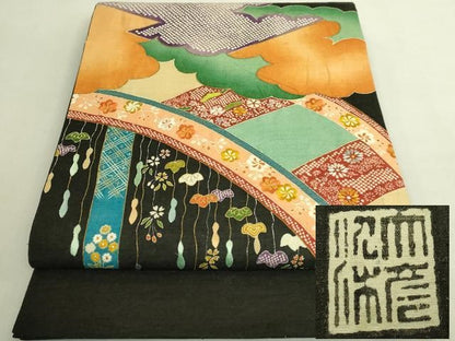 平和屋本店●極上　創業130年　江戸染繍友禅　大彦　太鼓柄袋帯　紬地　刺繍　雲取り花文　黒地　金銀糸　逸品　DZAB8942kh6