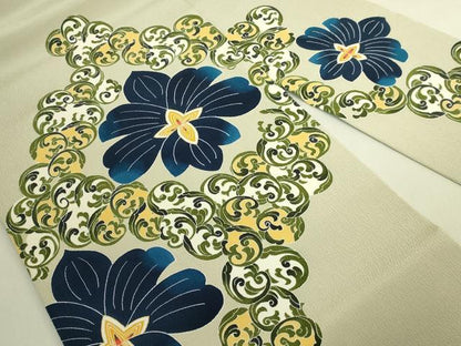 平和屋本店●極上　銀座もとじ　九寸名古屋帯　藍　花菱　薄い青白橡色地　金彩　鬼しぼ縮緬　逸品　DZAB8945kh6