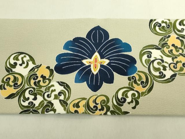 平和屋本店●極上　銀座もとじ　九寸名古屋帯　藍　花菱　薄い青白橡色地　金彩　鬼しぼ縮緬　逸品　DZAB8945kh6