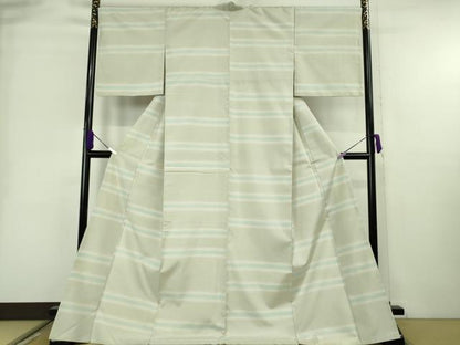 平和屋着物●極上　紬　横段文　白緑色地　ロング丈　逸品　DZAB8964kh6